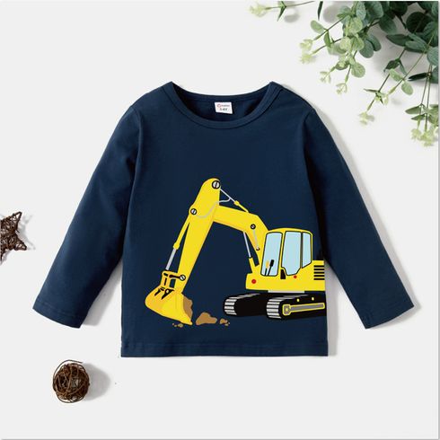 Toddler Boy Excavator Print Cotton Dark Blue Long-sleeve Tee