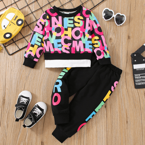 2pcs Toddler Girl Trendy Faux-two Letter Print Sweatshirt and Pants Set Multi-color big image 1