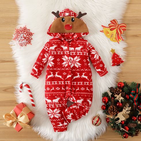 Christmas Baby Boy Allover Deer & Snowflake Print 3D Antler Hooded Long-sleeve Polar Fleece Jumpsuit
