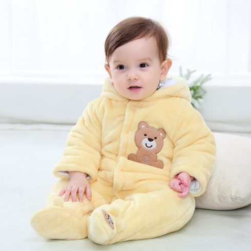 Baby Bunny or Bear Applique 3D Ear Hooded Footed/footie Long-sleeve Fluffy Fleece-lining  Jumpsuit