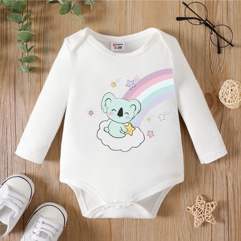 Baby Girl 95% Cotton Long-sleeve Koala & Rainbow Print White Romper