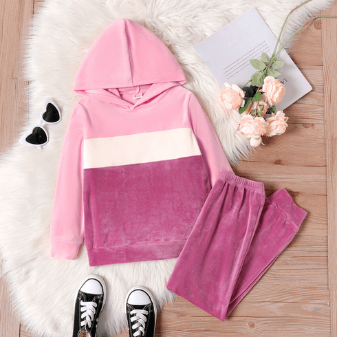 2pcs Kid Girl Colorblock Velvet Hoodie Sweatshirt and Elasticized Pants Set