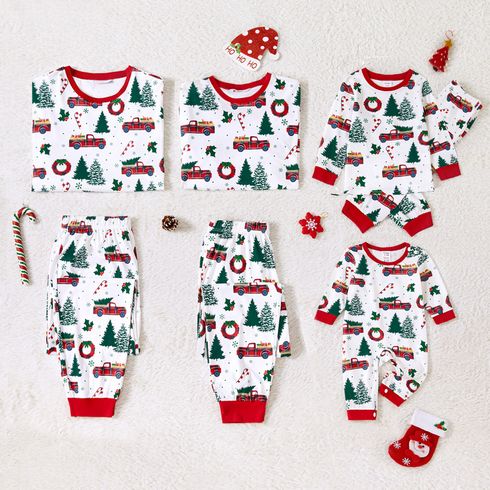 Christmas Family Matching Allover Xmas Tree & Car Print Long-sleeve Pajamas Sets (Flame Resistant)