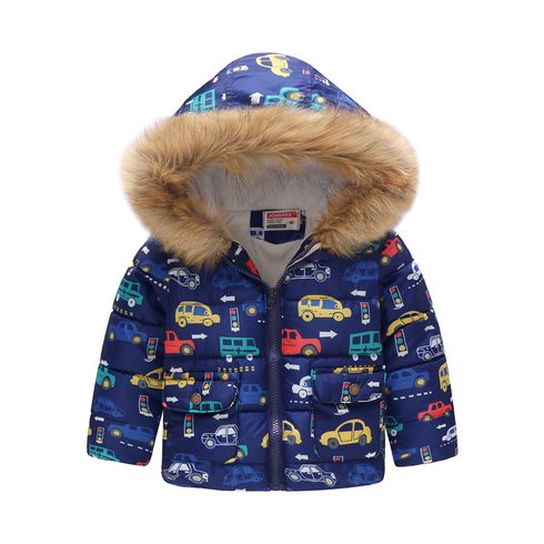 Toddler Vehicle Allover Fluffy Hooded Long-sleeve Down Coat