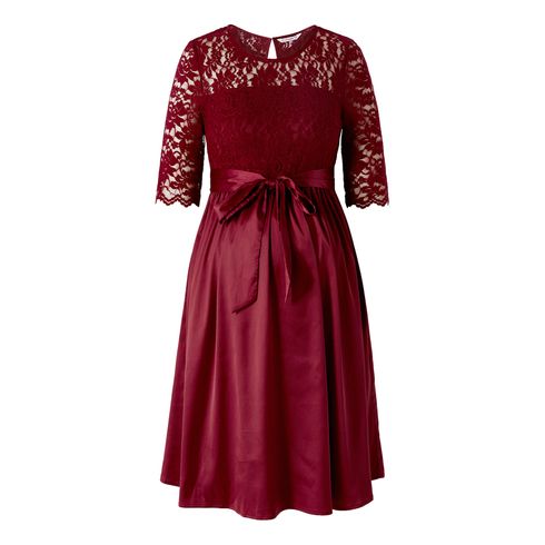 Maternity Guipure Lace Panel Half-sleeve Belted Dress