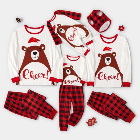 Christmas Family Matching Bear & Letter Print Long-sleeve Red Plaid Pajamas Sets (Flame Resistant)