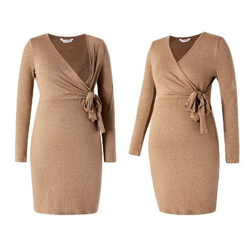 Nursing Simple Solid Long-sleeve Belted Slim Dress