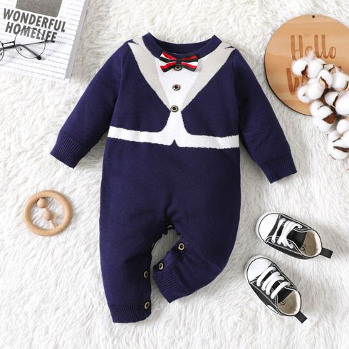 Baby Boy Bow Tie Decor Long-sleeve Thermal Knitted Jumpsuit