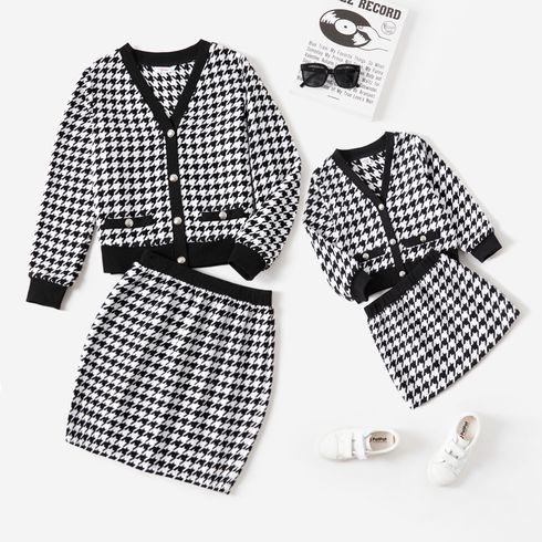 Mommy and Me Black & White Houndstooth Long-sleeve Button Front Cardigan with Skirt Sets