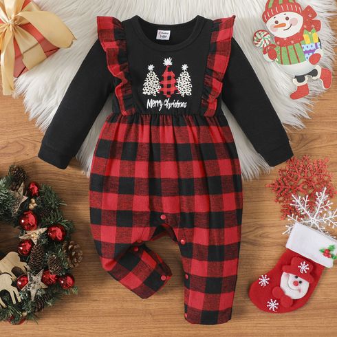 Christmas Baby Girl Red Plaid Ruffle Trim Spliced Xmas Tree & Letter Print Long-sleeve Jumpsuit