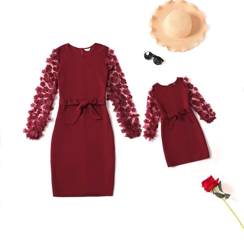 Dark Red 3D Floral Applique Decor Mesh Long-sleeve Belted Pencil Dress for Mom and Me