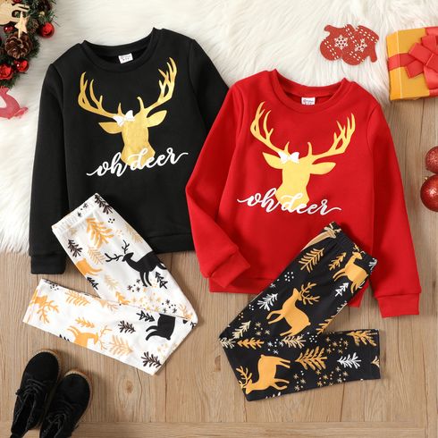 2pcs Kid Girl Christmas Deer Glitter Print Fleece Lined Sweatshirt and Pants Set