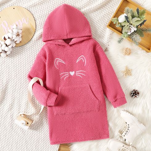 Kid Girl Cat Kitty Embroidered Fleece Pink Hooded Sweatshirt Dress