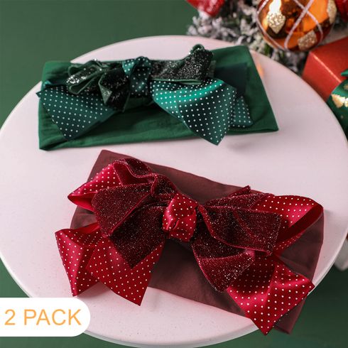 2er-Pack doppellagiges Weihnachtsstirnband mit Tupfen- und Glitzerschleifendekor für Mädchen