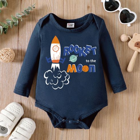 Baby Boy 95% Cotton Long-sleeve Rocket & Letter Print Dark Blue Romper