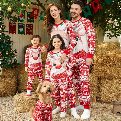 Christmas Deer & Lights Print Red Family Matching Raglan-sleeve Pajamas Sets (Flame Resistant)