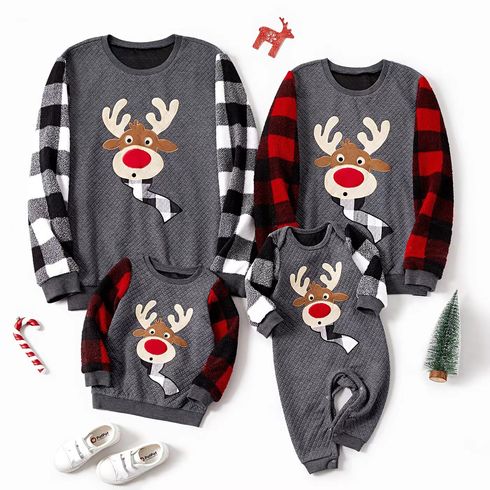 Christmas Family Matching Plaid Long-sleeve Spliced Reindeer Graphic Textured Sweatshirts