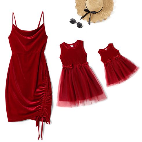 Mommy and Me Red Velvet Drawstring Ruched Spaghetti Strap Bodycon/Mesh Dresses