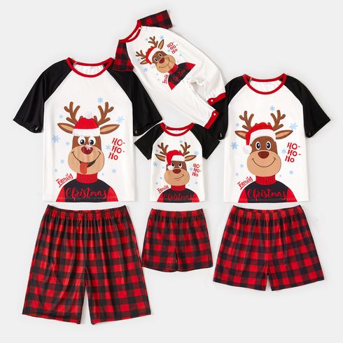 Christmas Family Matching Reindeer Print Short-sleeve Red Plaid Pajamas Sets (Flame Resistant)