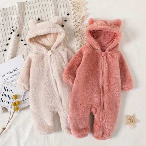 Baby Solid Hooded 3D Ear Long-sleeve Fluffy Jumpsuit