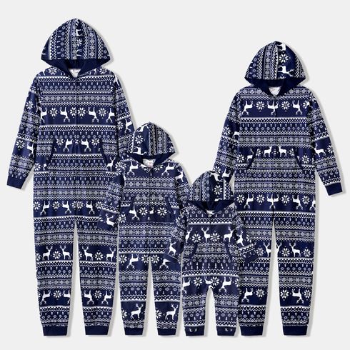 Christmas Family Matching Allover Deer & Snowflake Print Blue Hooded Long-sleeve Zipper Onesies Pajamas (Flame Resistant)