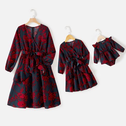 Mommy and Me Allover Floral Print Surplice Neck Belted Ruffle Trim Long-sleeve Dresses