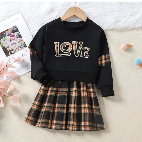 2pcs Kid Girl Letter Embroidered Sweatshirt and Plaid Pleated Skirt Set