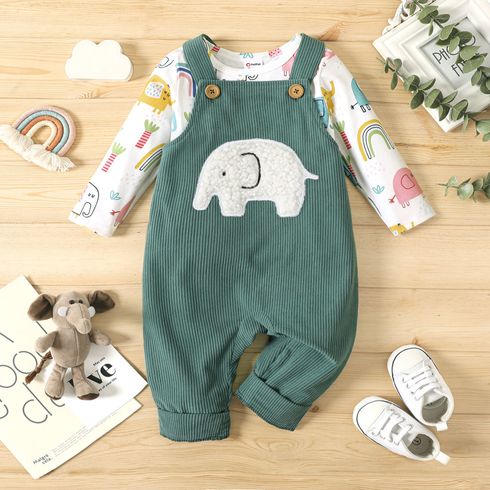 2pcs Baby Boy/Girl Allover Elephant Print Long-sleeve Tee and Embroidered Corduroy Overalls Set