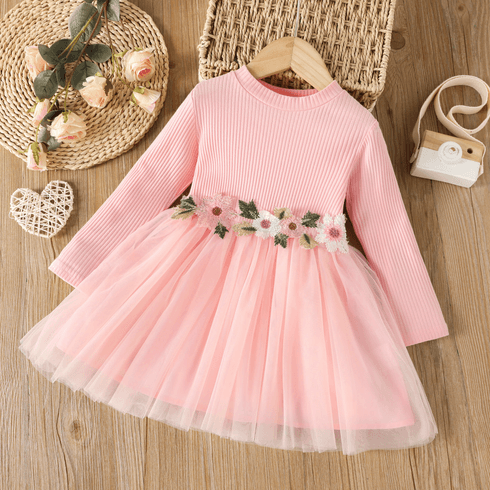 Kid Girl 3D Floral Design Ribbed Mesh Splice Long-sleeve Pink Dress