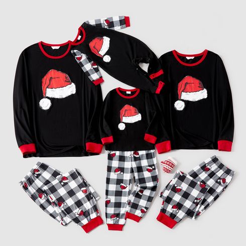 Christmas Family Matching Xmas Hat Print Black Long-sleeve Plaid Pajamas Sets (Flame Resistant)