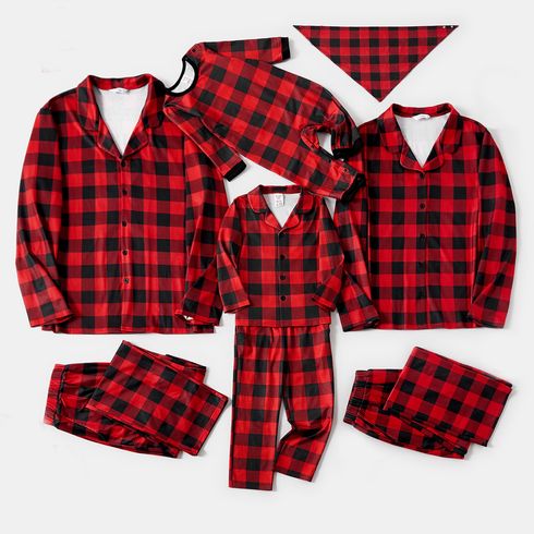 Christmas Family Matching Red Plaid Lapel Collar Long-sleeve Button Pajamas Sets (Flame Resistant)