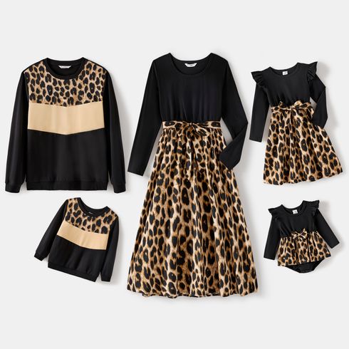 Family Matching Black Leopard Spliced Dresses and Long-sleeve Colorblock Sweatshirts Sets