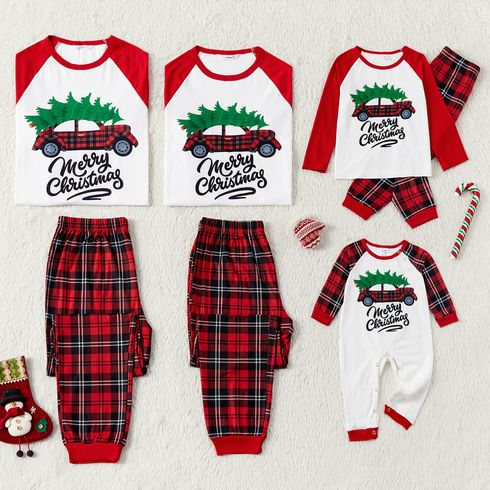 Christmas Family Matching Red Raglan-sleeve Graphic Print Plaid Pajamas Sets (Flame Resistant)
