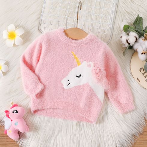 Baby Girl Unicorn Graphic Pink Long-sleeve Thermal Fluffy Sweater