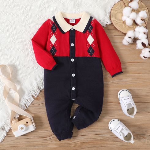 Baby Boy Argyle Pattern Contrast Collar Long-sleeve Button Front Knitted Jumpsuit