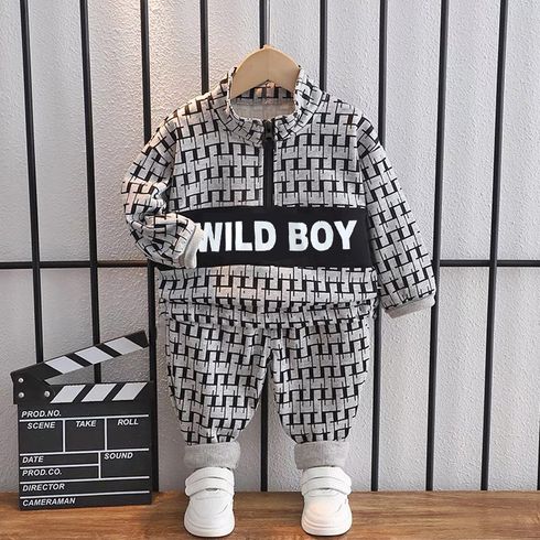 2pcs Kid Boy Allover Print Zipper Design Sweatshirt and Elasticized Pants Set