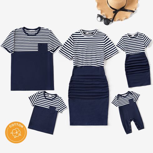 Family Matching 95% Cotton Short-sleeve Striped Spliced Ruched Bodycon Dresses and T-shirts Sets