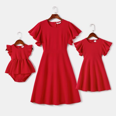 Valentine's Day Mommy and Me Red Textured Ruffle-sleeve A-line Dresses