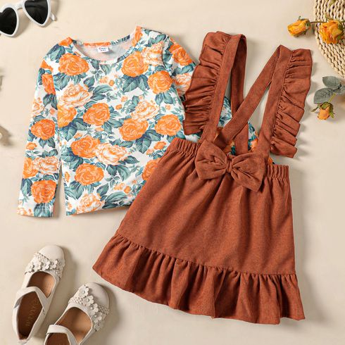 2pcs Kid Girl Floral Print Long-sleeve Tee Ruffled Bowknot Design Suspender Skirt Set