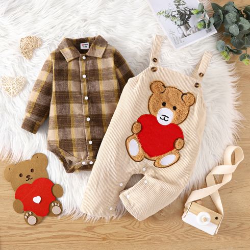 2pcs Baby Boy Long-sleeve Plaid Romper and Bear Embroidered Corduroy Overalls Set