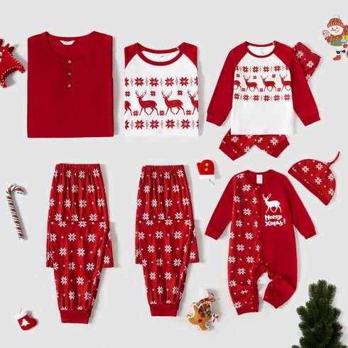 Christmas Family Matching Reindeer & Snowflake Print Red Long-sleeve Pajamas Sets (Flame Resistant)