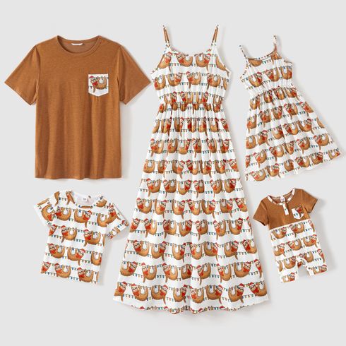 Christmas Family Matching Allover Sloth Print Cami Dresses and Short-sleeve T-shirts Sets
