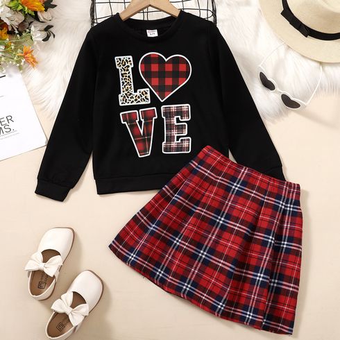 2pcs Kid Girl Valentine's Day Letter Embroidered Sweatshirt and Red Plaid Skirt Set