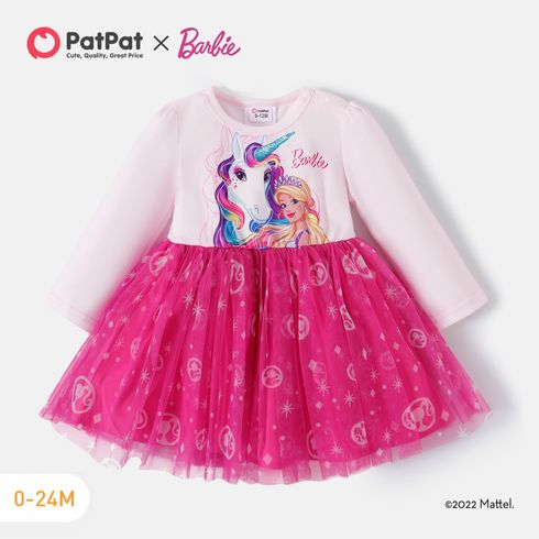 Barbie Baby Girl Long-sleeve Graphic Spliced Mesh Dress