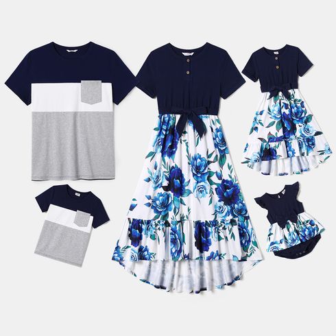 Family Matching 95% Cotton Short-sleeve Colorblock T-shirts and Floral Print High Low Hem Spliced Dresses Sets