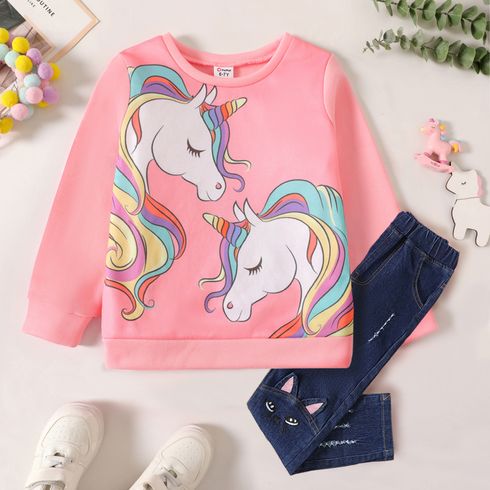 Kid Girl Unicorn Print Fleece Lined Sweatshirt/ Cat Embroidered Jeans