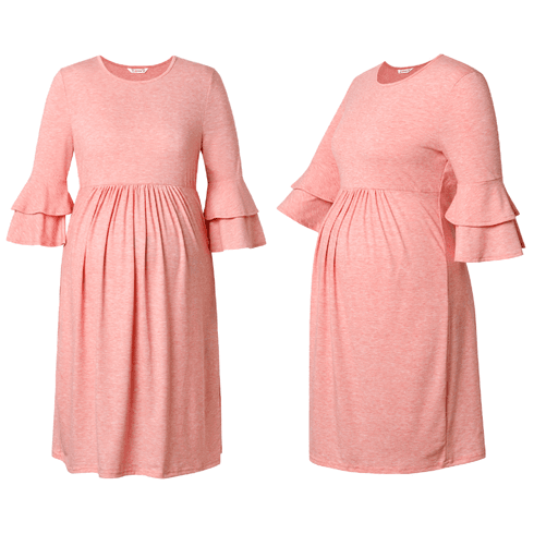 Maternity Ruffle-sleeve Ruched Pink Dress