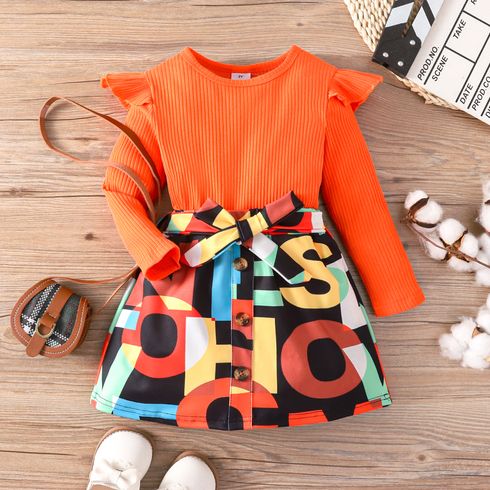 2pcs Kid Girl Ruffled Ribbed Long-sleeve Tee and Letter Print Belted Skirt Set