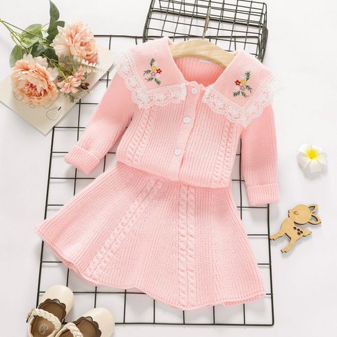 2pcs Baby Girl Floral Embroidered Lace Trim Pink Knitted Cardigan Sweater and Skirt Set