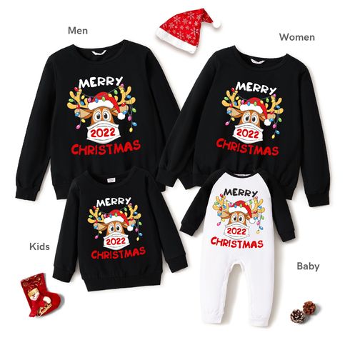 Christmas Family Matching 100% Cotton Long-sleeve Deer Wearing Mask & Letter Print Sweatshirts